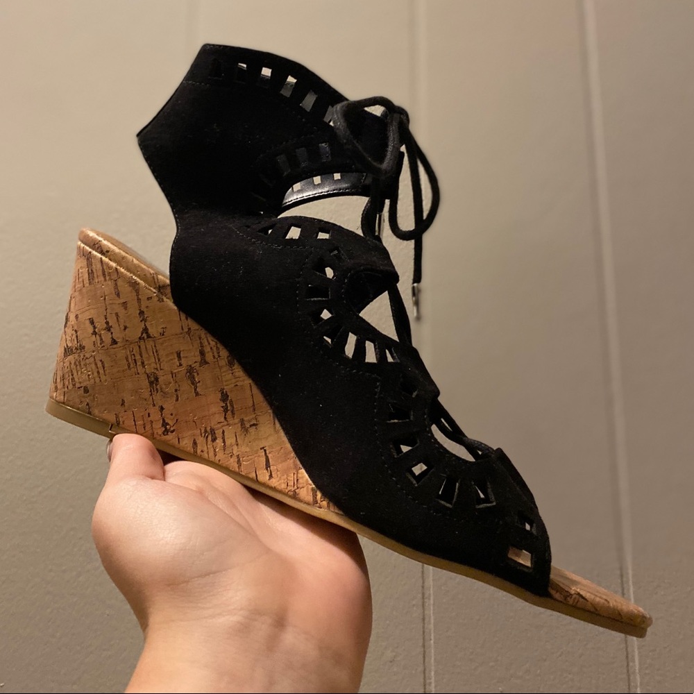 Laser Cut, Suede Feel Lace-up Wedge Sandals